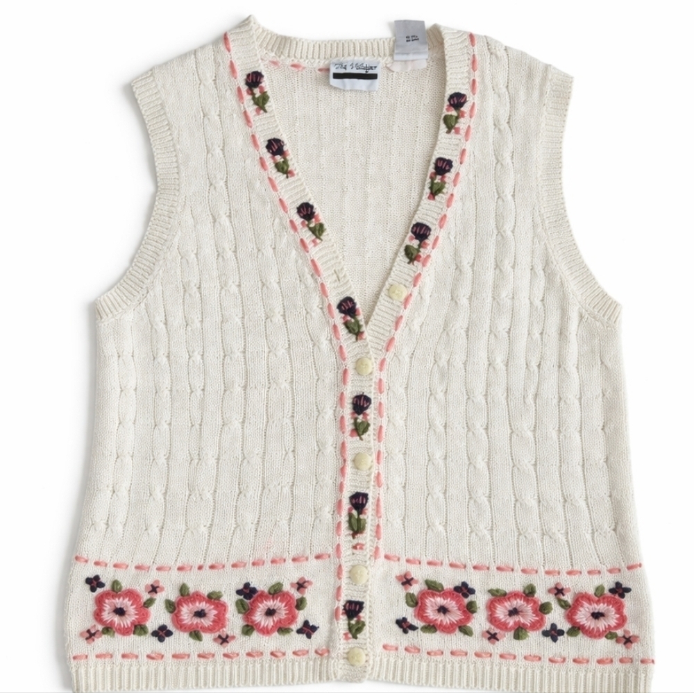 Vintage cable knit floral embroidered button down sweater vest ramie cotton sz M